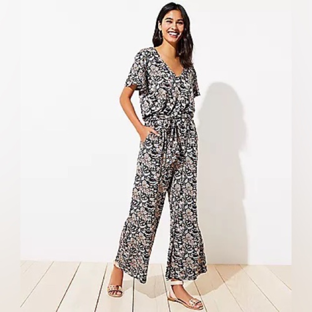 LOFT beach soft flutter sleeve floral wide leg jumpsuit with pockets waist tie